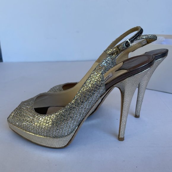 Jimmy Choo Clue Slingback Pumps Sz 39 Glitter Fabric Stiletto Heels Peep Toe - Picture 9 of 9